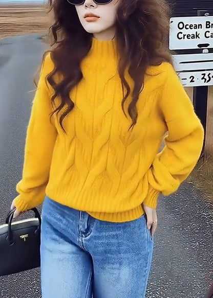 Simple Yellow Stand Collar Cable Knit Short Sweater Spring