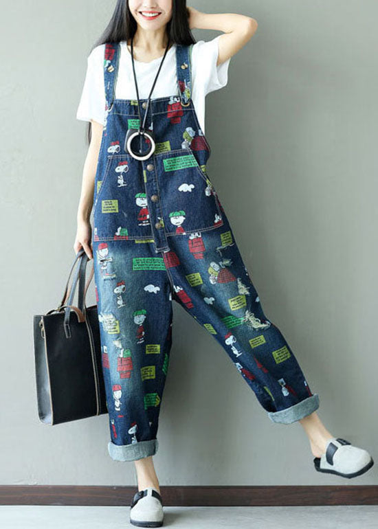 Dark Blue Print Jumpsuits Pockets Summer