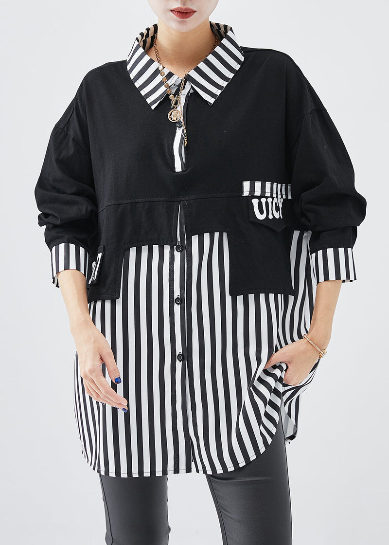 Diy Black Striped Patchwork Cotton Sweatshirt Fall