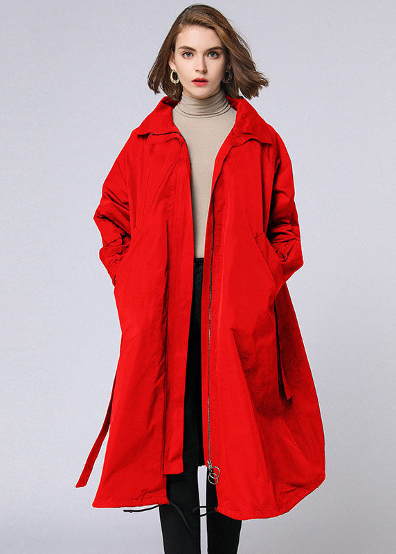Red Zippered Tie Waist Pockets Fall Long Coat