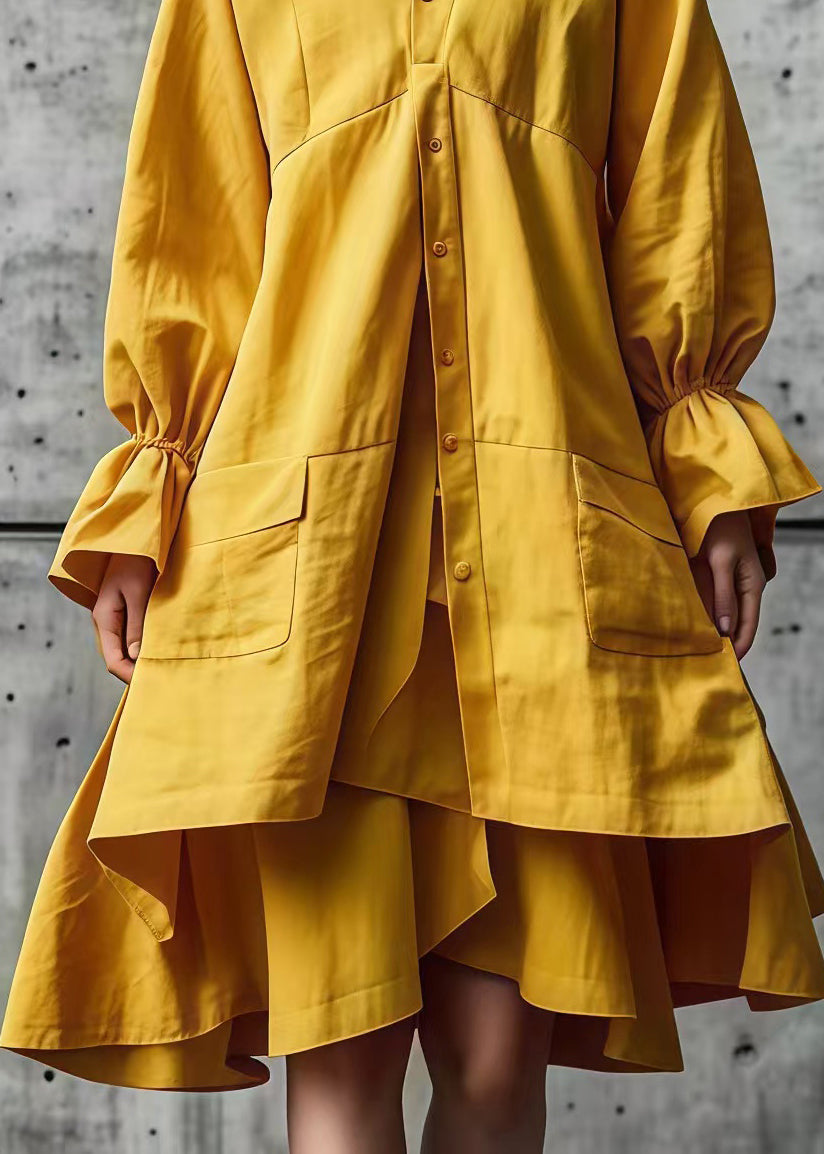 Yellow Asymmetrical Design Cotton Shirt Dresses Fall