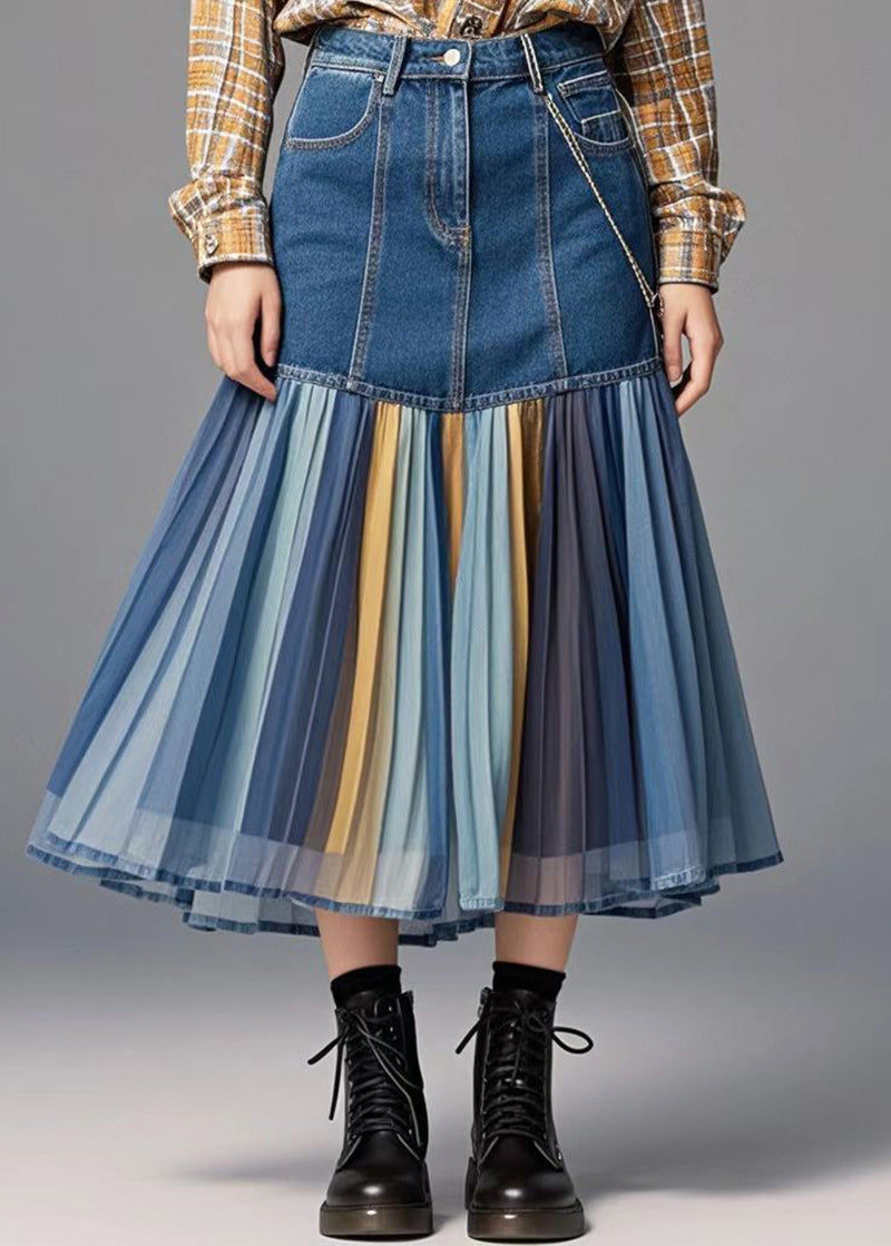 Blue Patchwork Rainbow Striped Denim Skirt Spring