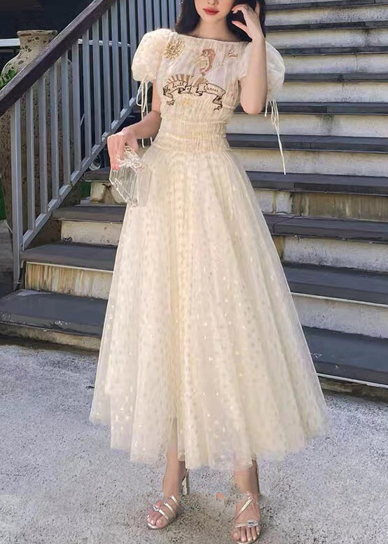 Apricot Ruffled Elastic Waist Tulle Long Dresses Summer