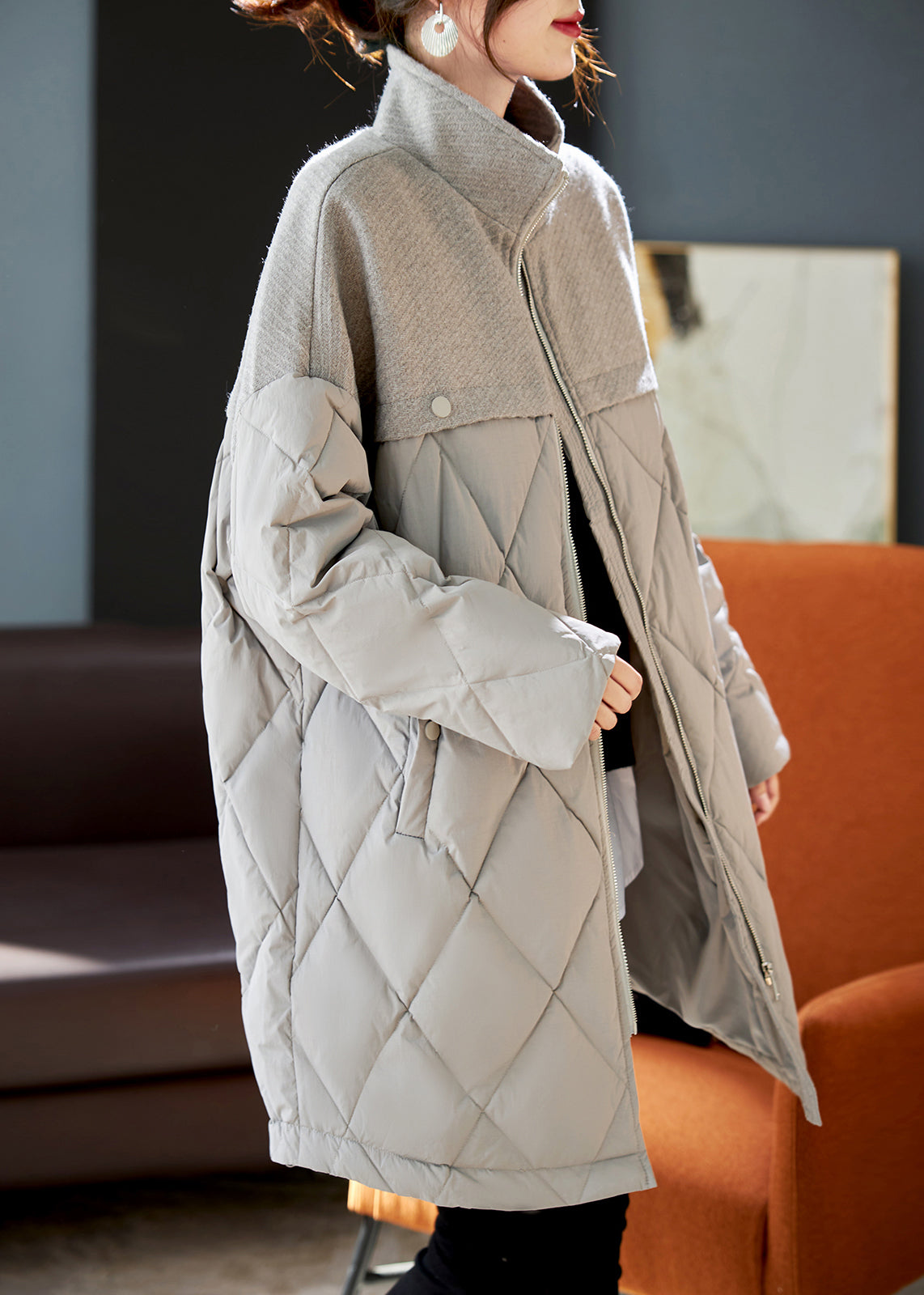 Grey Woolen Patchwork Duck Down Down Coat Winter