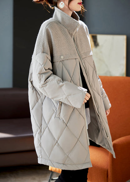 Grey Woolen Patchwork Duck Down Down Coat Winter
