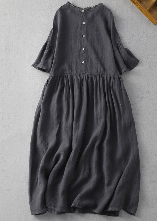 Black Wrinkled Embroideried Patchwork Linen Dress Summer