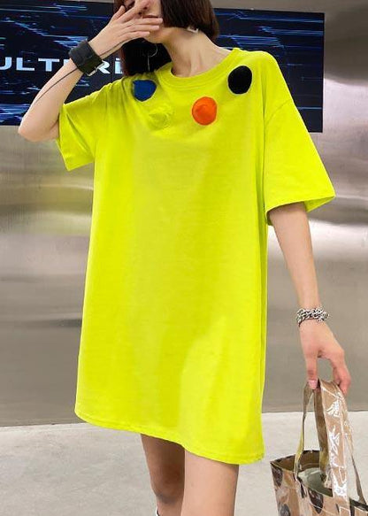Loose Fluorescent Green Cotton O-neck Half Sleeve Summer Dress