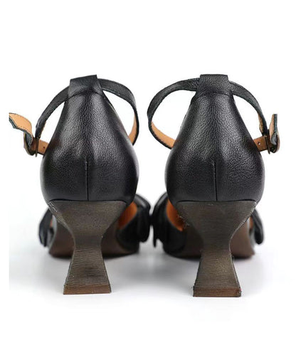 Boutique Black High Heel Cowhide Leather Sandals Buckle Strap