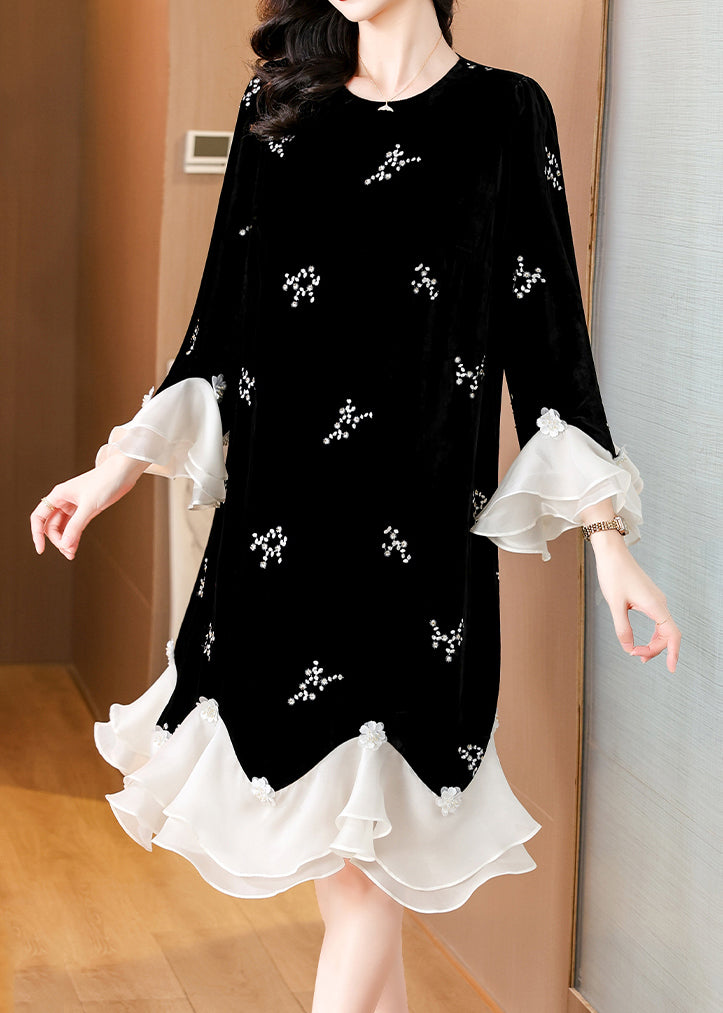 Loose Black Embroidered Patchwork Silk Velour Dress Flare Sleeve Spring