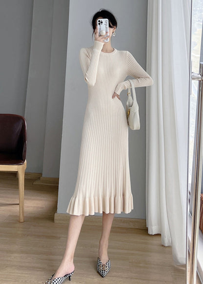Apricot O Neck Ruffled Knit Long Sweater Dress Fall