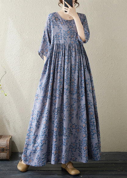 Handmade Blue O Neck Print Cotton Dress Summer