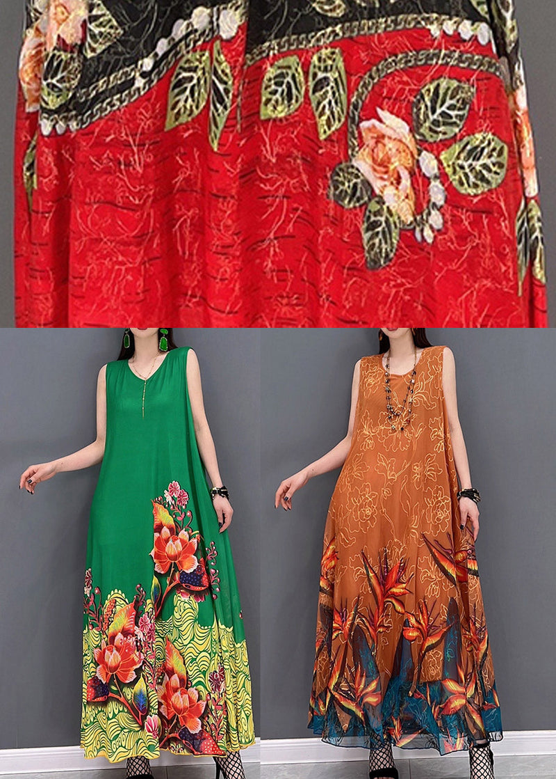Green Print Chiffon Long Vacation Dresses Summer