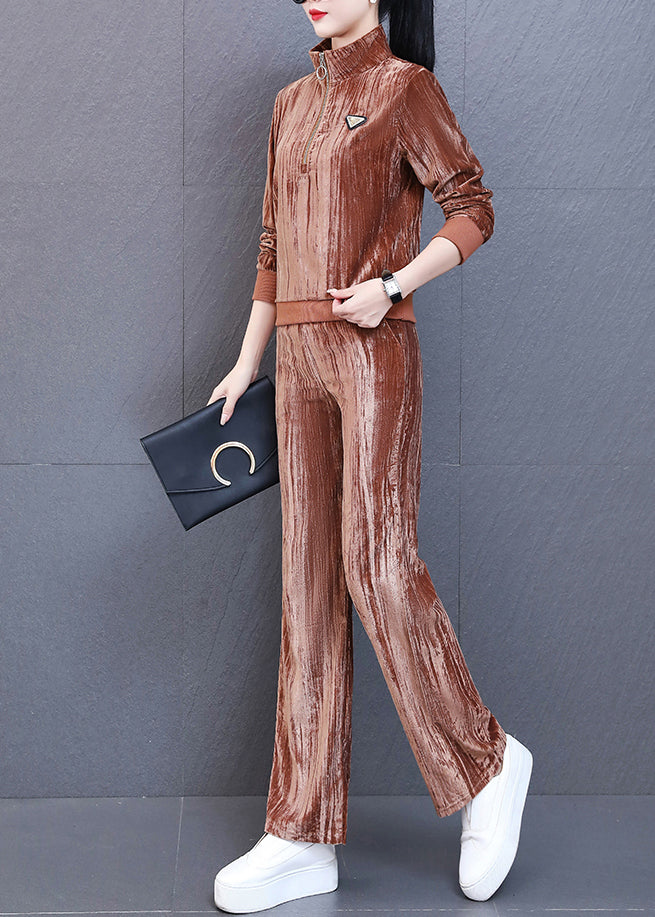 Unique Yellow Stand Collar Silk Velour Coats and Wide Leg Pants Two Piece Set Fall