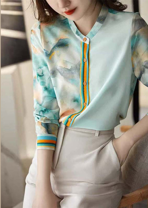 Blue Print Button Silk Blouses Spring