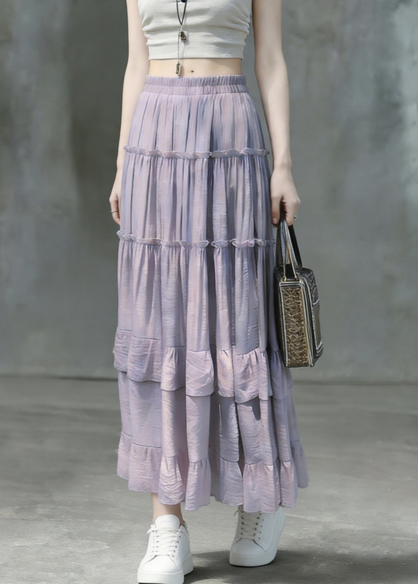 Art Purple Ruffled Patchwork Maxi Skirts