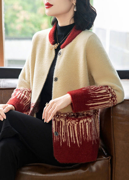 Style Red O-neck Rivet Mink Hair Knitted Coats Fall