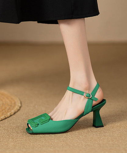French Green Faux Leather High Heels Square Toe Sandals
