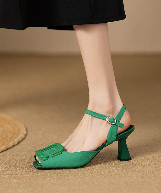 French Green Faux Leather High Heels Square Toe Sandals