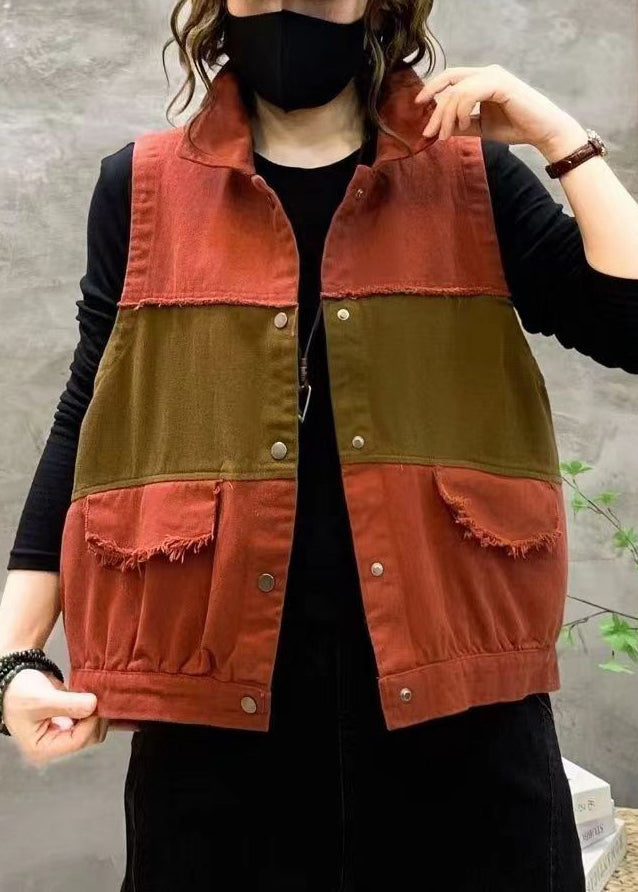 Orange Peter Pan Collar Button Patchwork Cotton Waistcoat Sleeveless
