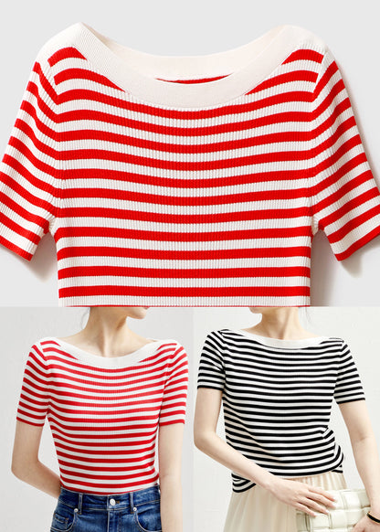 Black Striped O-neck Silk Knit T Shirts Sleeve