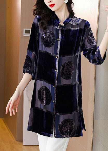 Blue Stand Collar Print Patchwork Velour Shirt Fall