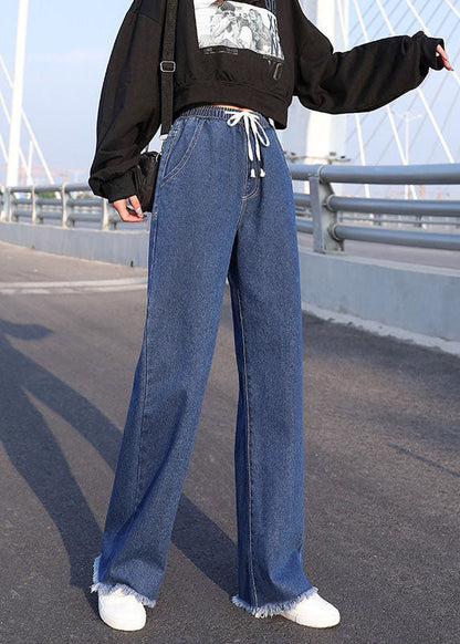 Blue Elastic Waist Drawstring Draping Cotton Denim Wide Leg Pants Summer
