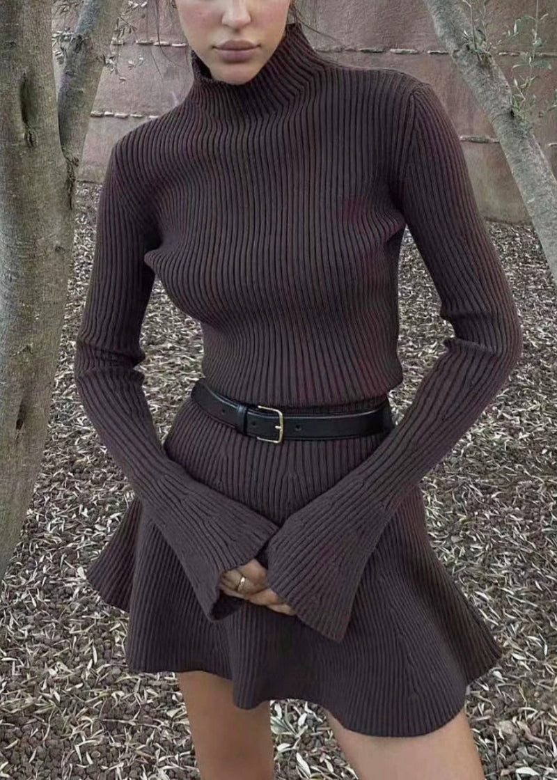 Coffee Turtleneck Cozy Knit Mid Dress Flare Sleeve