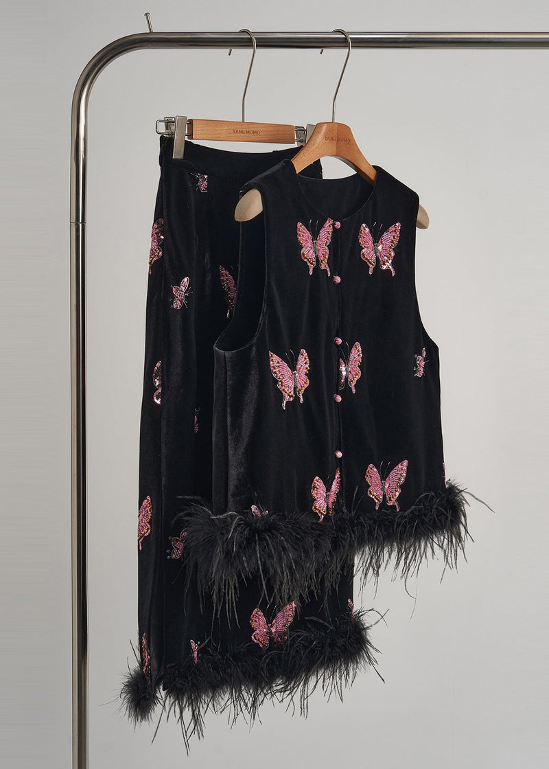 Black Butterfly Patchwork Feather Silk Velvet Two Piece Set Clothing Fall