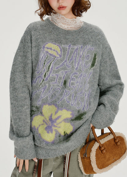 Loose Grey O Neck Thick Jacquard Knit Sweater Tops Spring