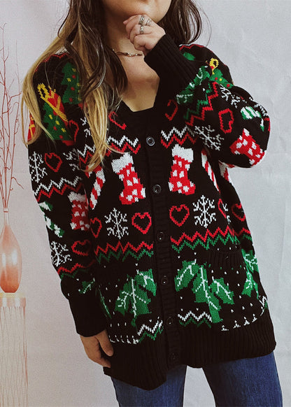 Black V Neck Jacquard Knit Cardigan Fall