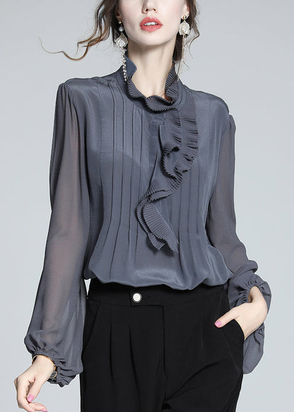 Italian Grey Ruffled Silk Blouses Fall