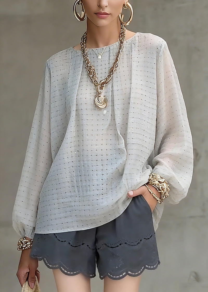 Grey Dot Print Top Lantern Sleeve