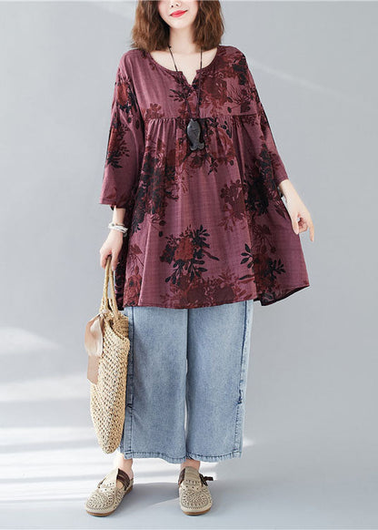 Modern Mulberry V Neck Patchwork Print Fall Tops Three Quarter Sleeve