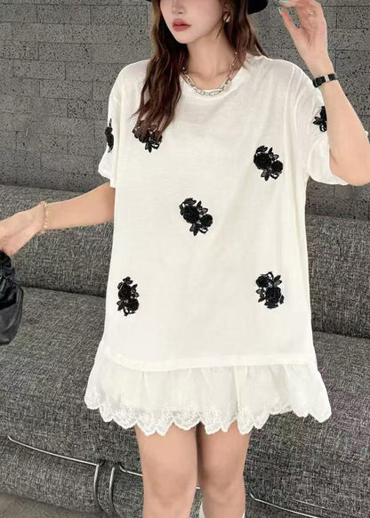 White Flower Decorated Oversized Patchwork Lace Tanks Summer