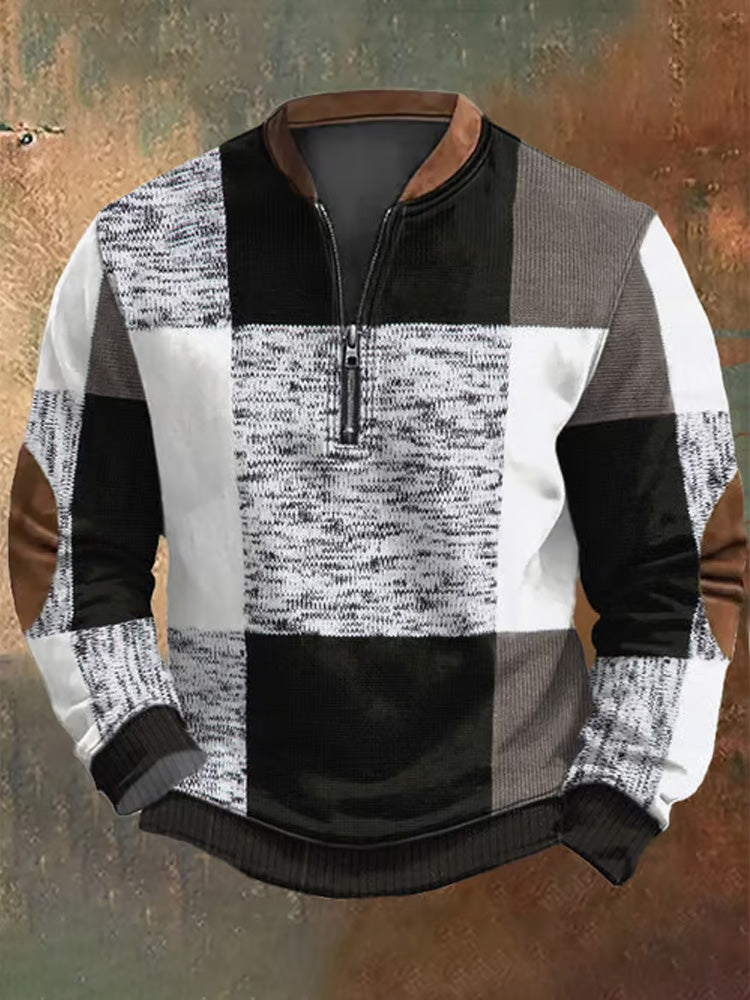 Men's Retro Western Textured Print Zip Collar Sweatshirt elevenforest