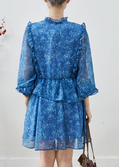 Stylish Blue Ruffled Print Chiffon Cinched Dresses Spring