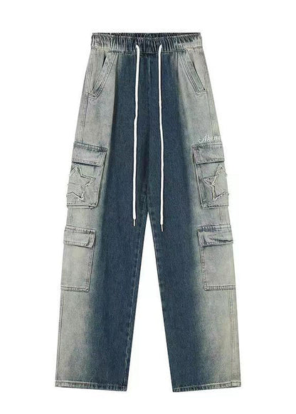 Blue Gradient Pockets Drawstring Elastic Waist Denim Pants Spring