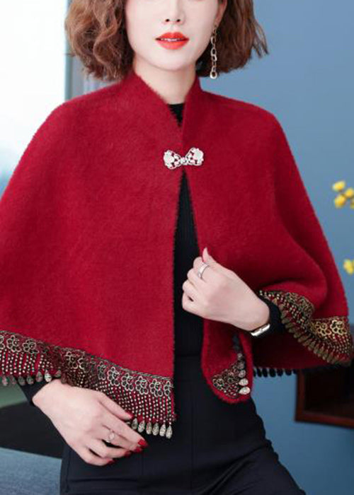 Wine Red Stand Collar Tasseled Button Patchwork Mink Velvet Coats Fall
