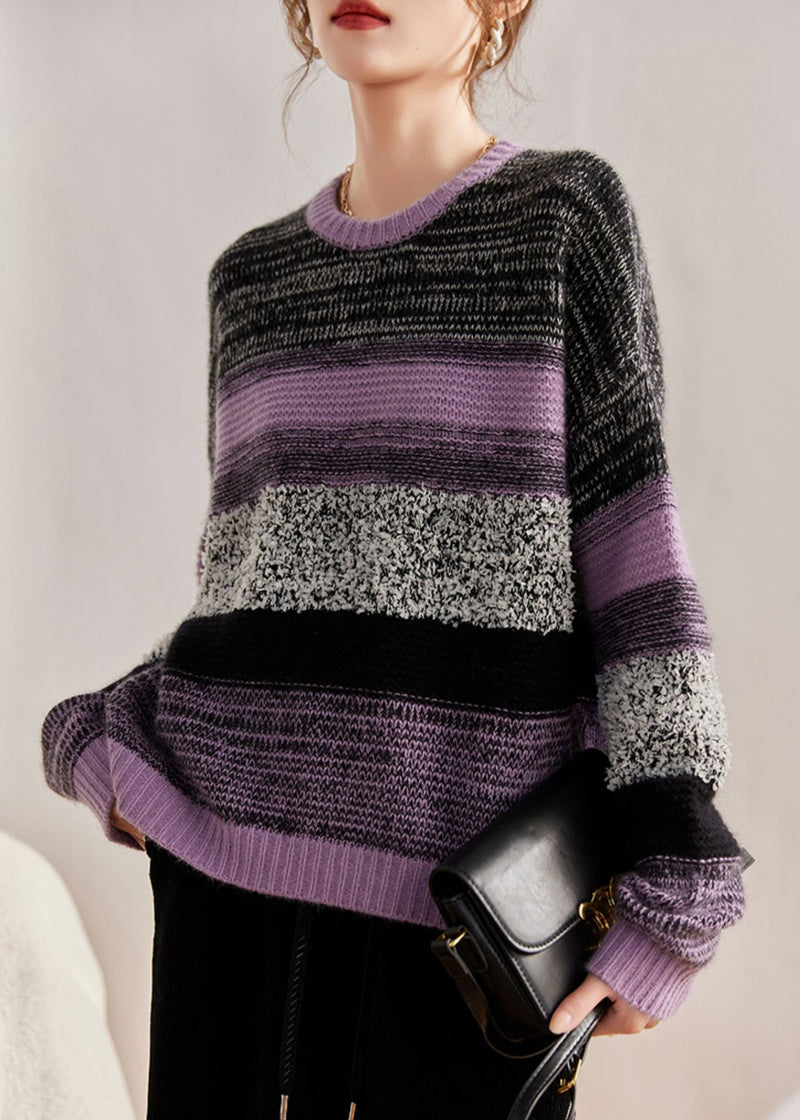 Purple O Neck Patchwork Cozy Cotton Knit Sweaters Fall