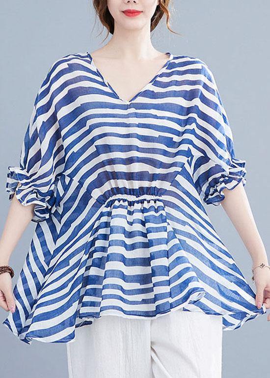 Diy Blue Loose Flare Sleeve V Neck Summer Shirts