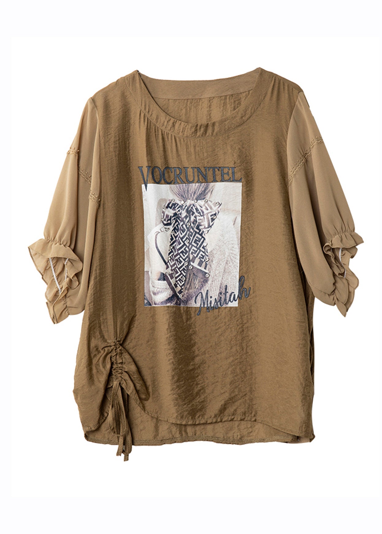 Coffee O-neck Print Drawstring Chiffon T Shirts Batwing Sleeve