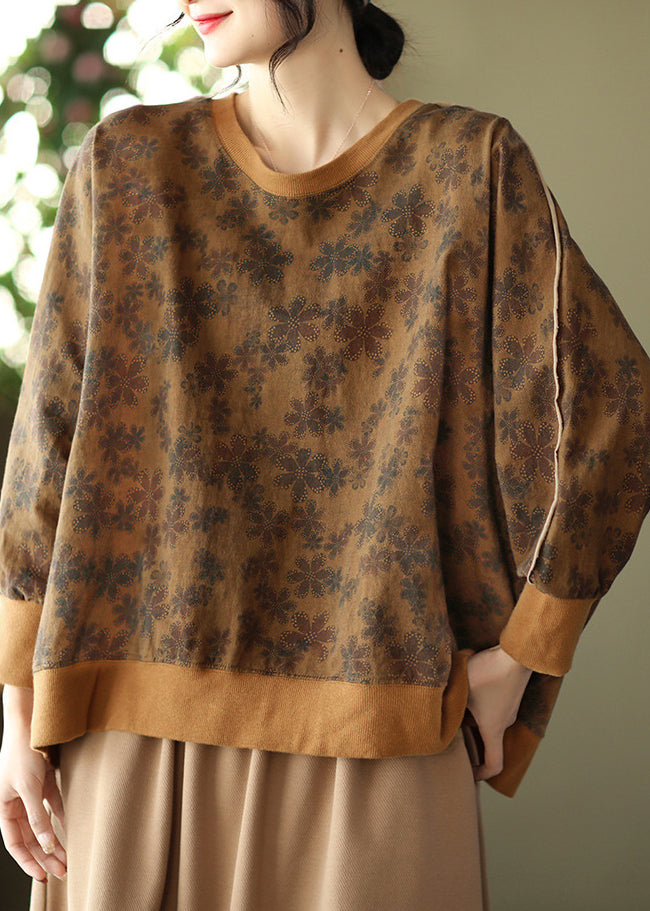 Chocolate Patchwork Cotton Sweatshirt Top Batwing Sleeve