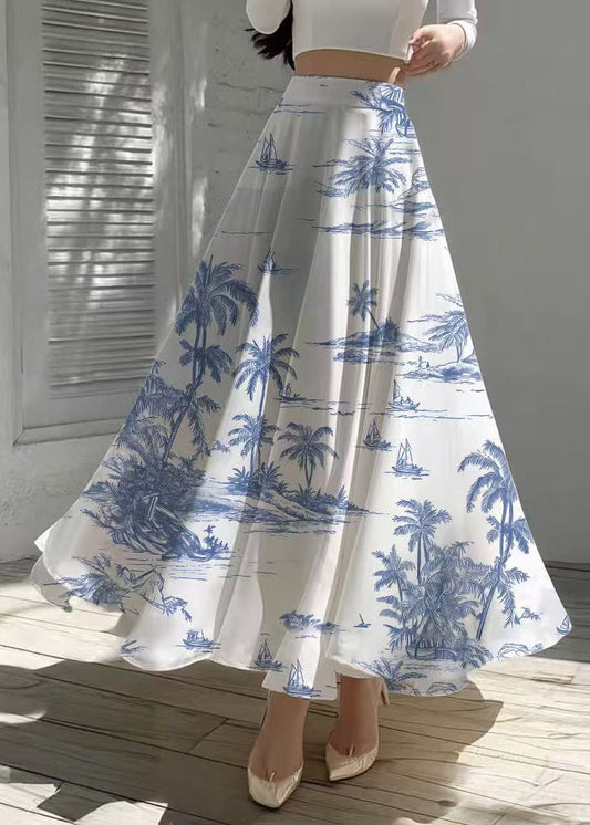 Style White Print Exra Large Hem Chiffon Skirt Summer