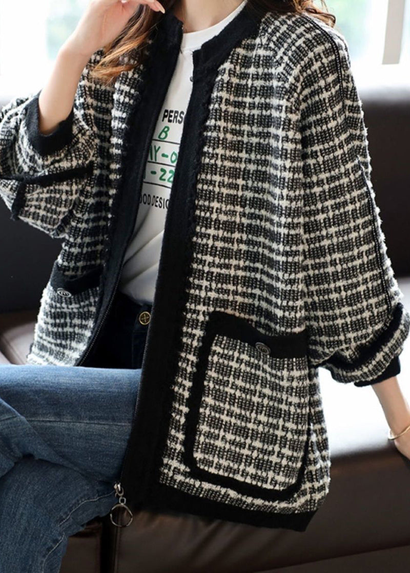 Handmade Blue O-neck Zippered Striped Patchwork Pockets Coats Long Sleeve
