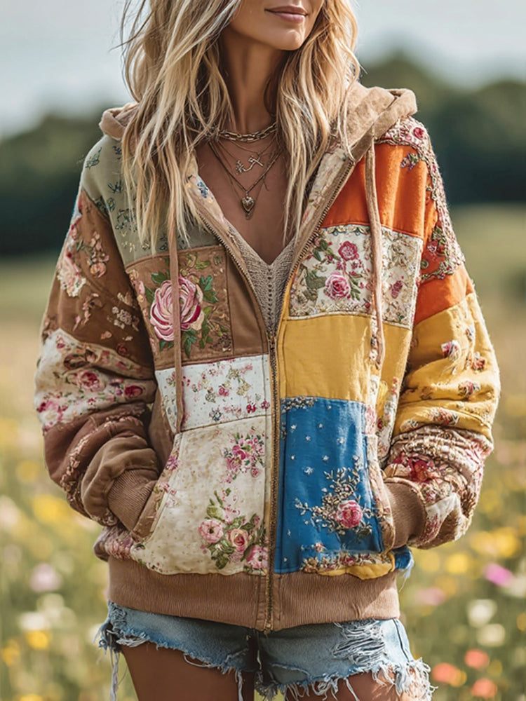 Comstylish Women's Vintage Floral Patchwork Cozy Warm Zipper Hoodie