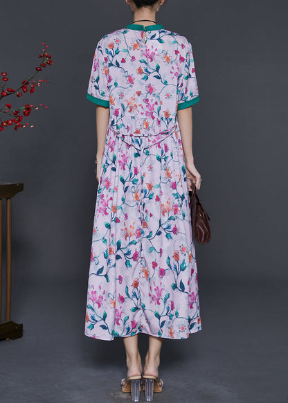 Pink Stand Collar Print Silk Long Dress Summer