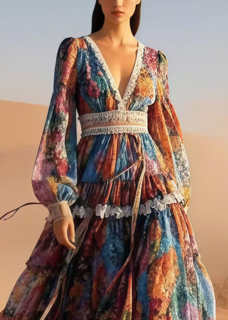 V Neck Print Exra Large Hem Chiffon Cinched Dress Spring
