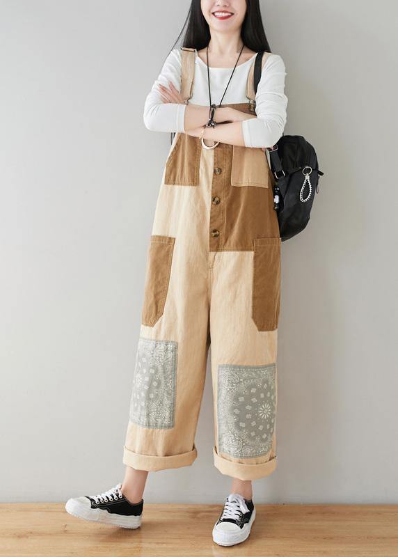 Beige Patchwork Jeans Jumpsuit