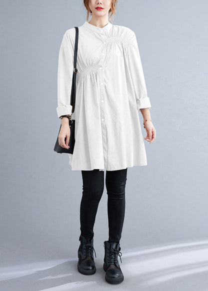 White Stand Collar Button Wrinkled Fall Shirt Top Long Sleeve