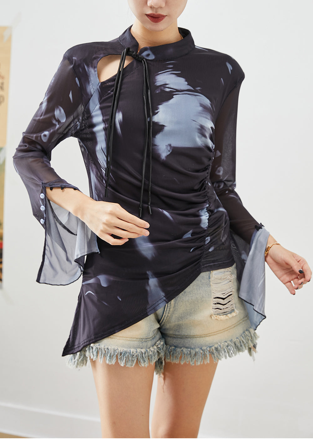 Black Asymmetrical Tie Dye Spandex Blouse Tops Flare Sleeve
